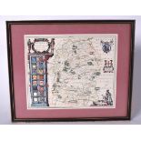 A FRAMED MAP OF WILTSHIRE, a later copy of the 1648 original. 23 cm x 27.5 cm.