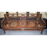 A FINE 19TH CENTURY CHINESE HARDWOOD MOTHER OF PEARL INLAID BENCH decorated with figures and landsc