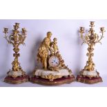 A GOOD LARGE MID 19TH CENTURY FRENCH ORMOLU AND MARBLE CLOCK GARNITURE modelled as a standing femal
