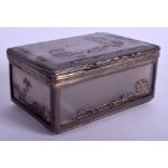 AN 18TH CENTURY CONTINENTAL SILVER AND AGATE SNUFF BOX decorated with black lacquer landscapes. 7.7