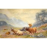 H GILBERT (British) FRAMED WATERCOLOUR, signed, cattle in highland scene. 16.5 cm x 24.5 cm.