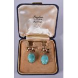 A PAIR OF ANTIQUE GOLD AND TURQUOISE EARRINGS. 2.75 cm long.