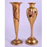 TWO EARLY 20TH CENTURY JAPANESE MEIJI PERIOD GOLD LACQUER VASES painted with flowers. 16 cm high. (