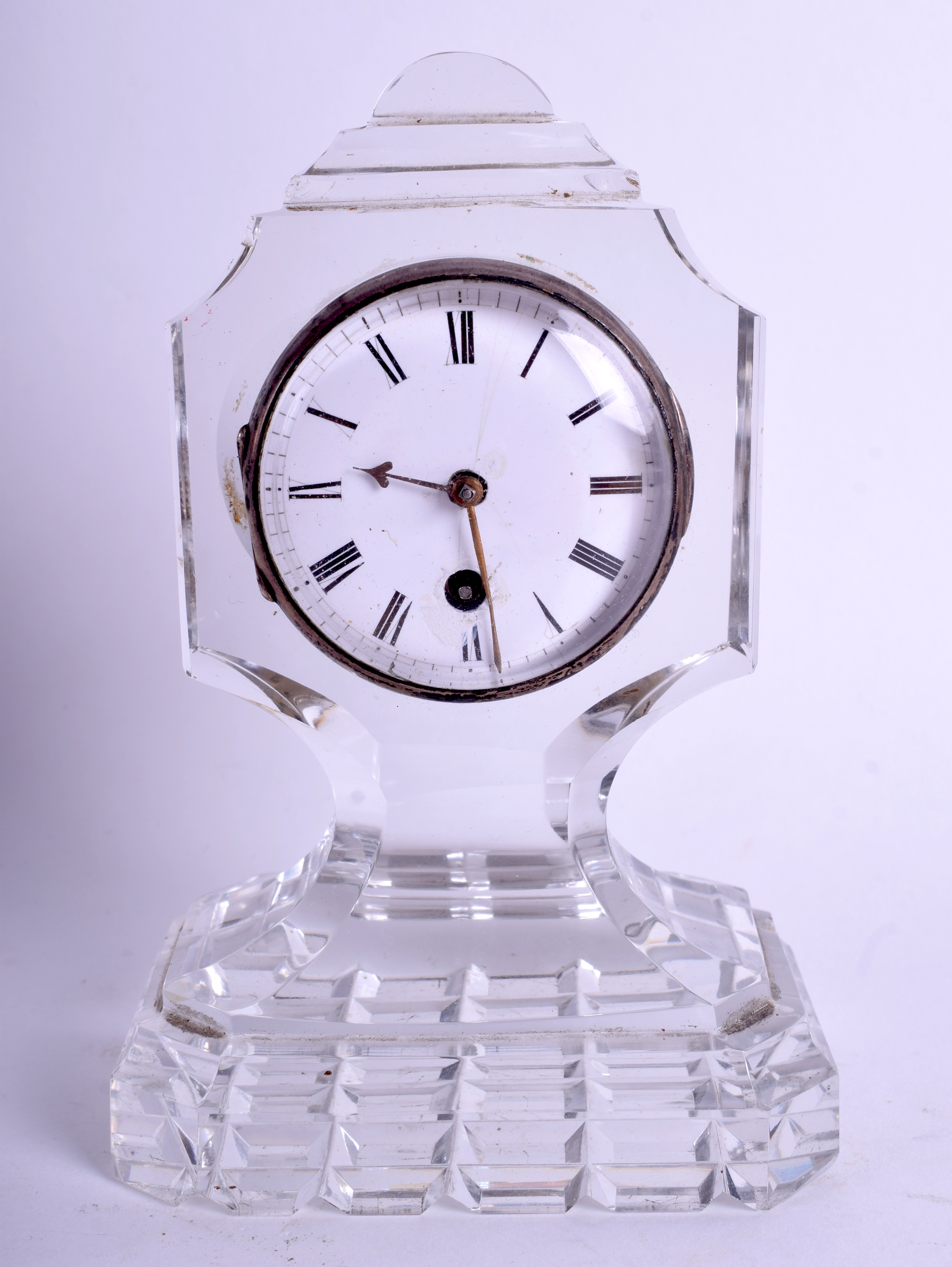 A REGENCY CARVED CRYSTAL GLASS MINIATURE MANTEL CLOCK with silver mounted dial. 13 cm x 8 cm.