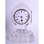 A REGENCY CARVED CRYSTAL GLASS MINIATURE MANTEL CLOCK with silver mounted dial. 13 cm x 8 cm.