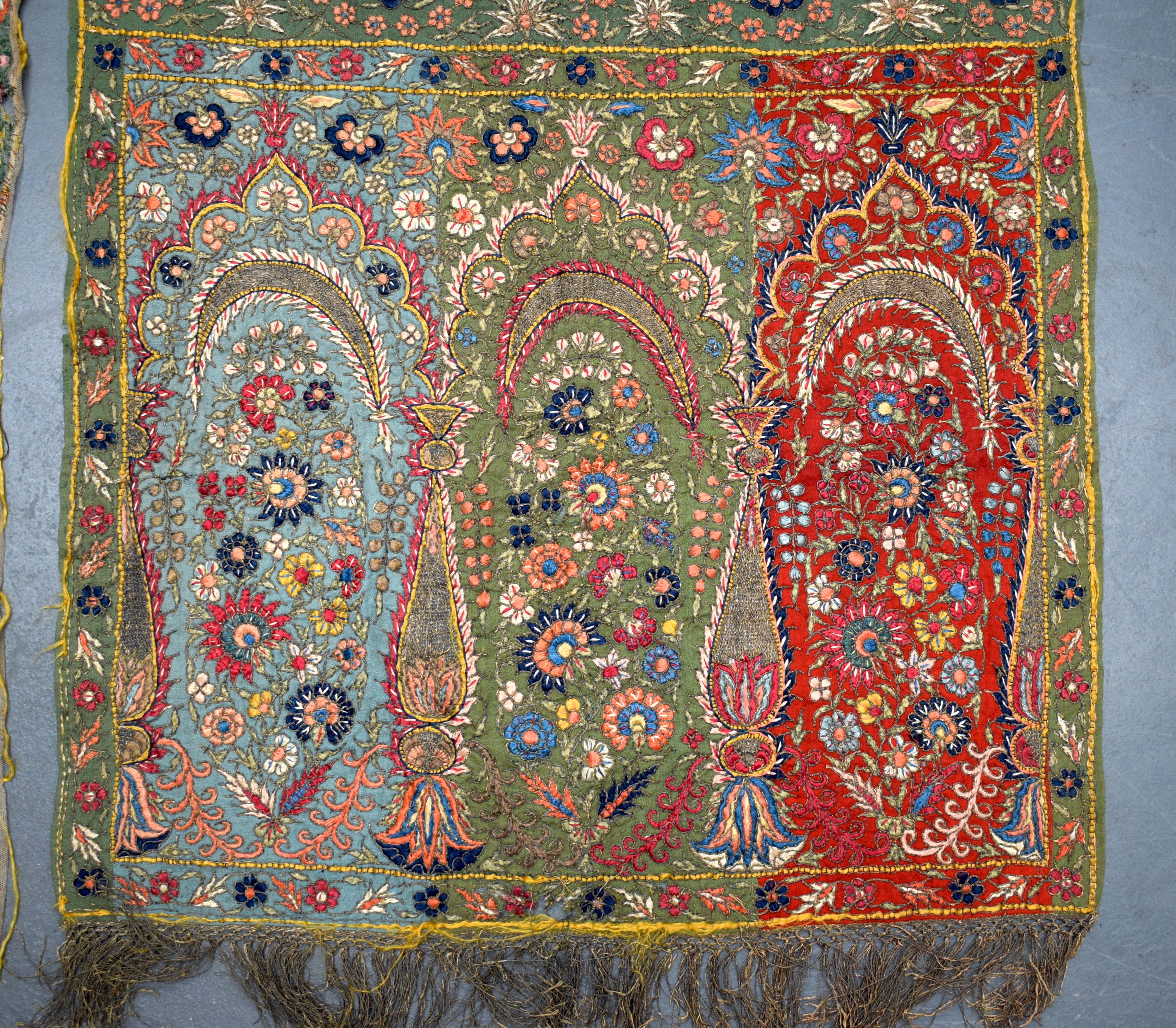 TWO 19TH CENTURY KASHMIRI SILK EMBROIDERED SHAWLS decorated with foliage. (2) - Image 3 of 8