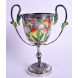 A RARE LATE 19TH CENTURY CHINESE SILVER AND ENAMEL TWIN HANDLED CUP decorated with flowers and peac