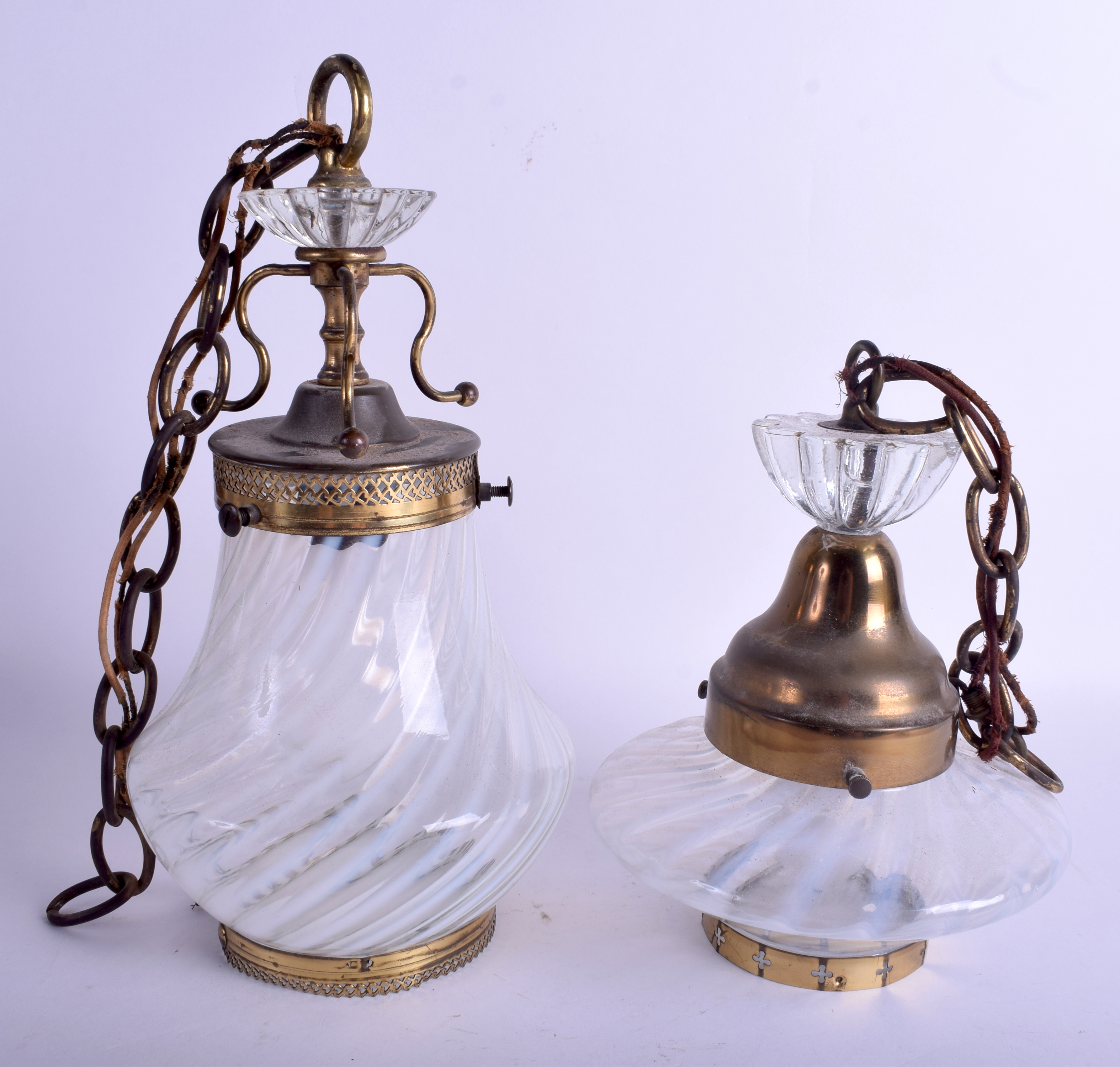 TWO VINTAGE VASELINE GLASS LIGHT FITTINGS. 30 cm & 20 cm long. (2)