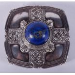 A STYLISH SILVER ARTS AND CRAFTS IONA LAPIS LAZULI STYLE BROOCH. 5 cm square.