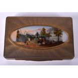 AN ANTIQUE CONTINENTAL SILVER GILT REVERSE PAINTED GLASS SNUFF BOX decorated with figures. 131.8 gr