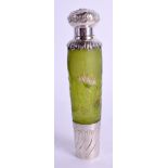 A FINE ART NOUVEAU FRENCH SILVER MOUNTED EMAILLE GALLE SCENT BOTTLE painted with foliage and vines.