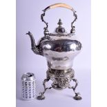 A LARGE ANTIQUE SILVER PLATED TEAPOT ON STAND with spirit burner upon an acanthus capped foot. 43 c