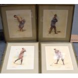 FOUR GOLFING COLOUR PRINTS BY THOMAS ROSS, depicting four golfing legends. 41 cm x 33 cm.