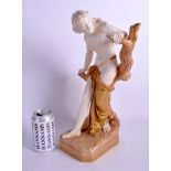 A LARGE ANTIQUE ROYAL WORCESTER BLUSH IVORY FIGURE OF A FEMALE modelled as a bather upon a naturali