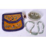 A CHINESE JADE BRUSH WASHER, together with a water jade necklace and an embroidered purse. Brush wa