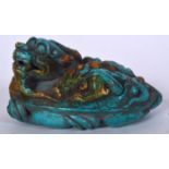 A CHINESE CARVED TURQUOISE MYTHICAL BEAST, formed with its young clinging to its back. 11 cm wide.