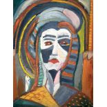 EUROPEAN SCHOOL (20th century) FRAMED OIL ON PANEL, abstract portrait of a female, unsigned. 48 cm