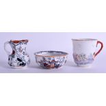 AN ANTIQUE MASONS IRONSTONE MINIATURE JUG AND BASIN together with a Naples porcelain coffee cup. (3