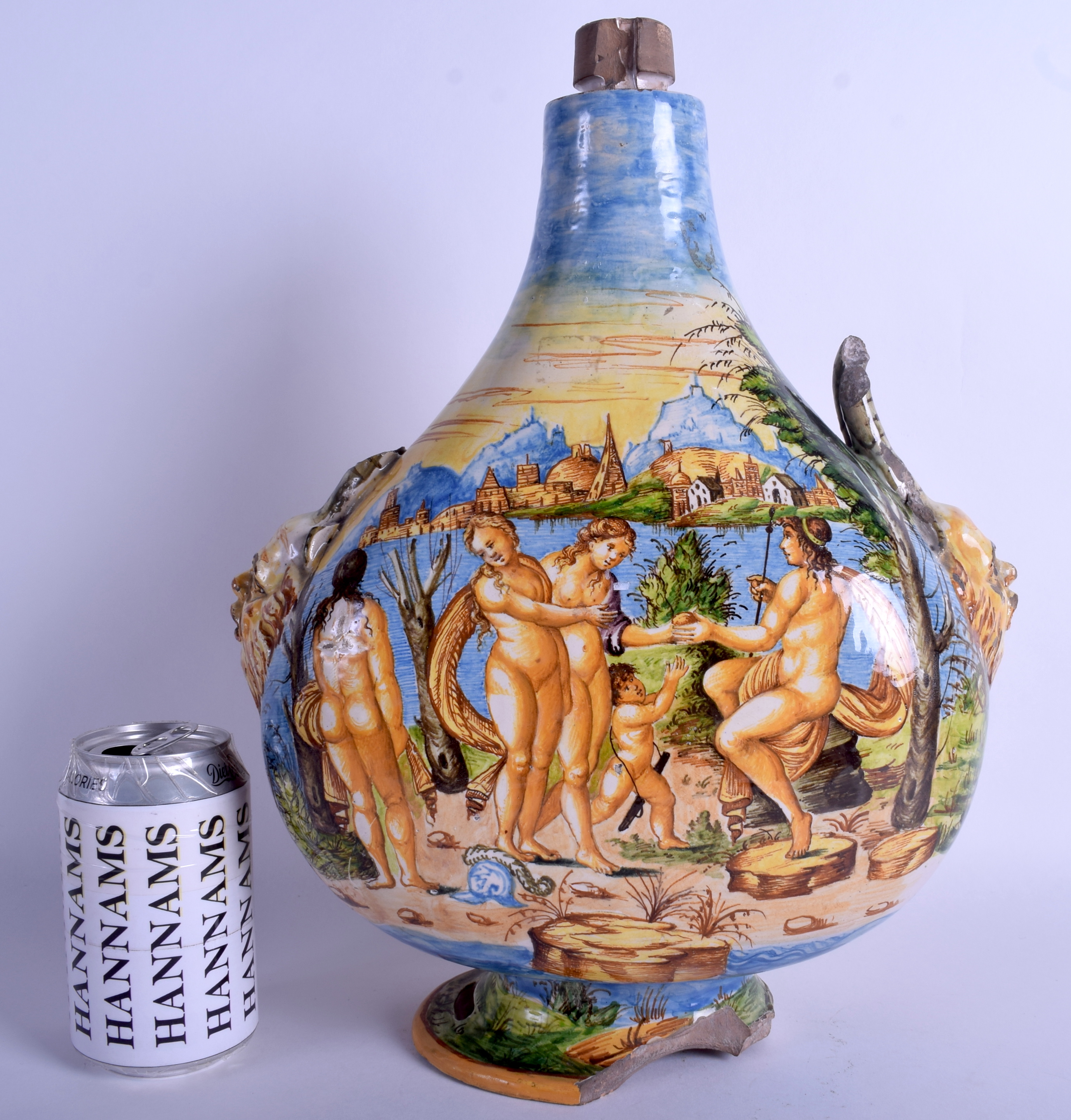 A LARGE EARLY ANTIQUE ITALIAN MAJOLICA FAIENCE PILGRIM VASE possibly Urbino, painted with classical