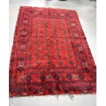 AN ANTIQUE TEKKE TURKMEN RED GROUND RUG, decorated with stylised foliage. 170 cm x 110 cm.