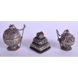 THREE EARLY 20TH CENTURY MIDDLE EASTERN SILVER BOXES in various forms. 3.2 oz. (3)