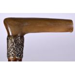AN EARLY 20TH CENTURY RHINOCEROS HORN HANLDED WALKING STICK, formed with a floral white metal colla