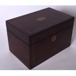 A ROSEWOOD TWO DIVISION TEA CADDY, formed with brass cartouche and inlaid banding. 20 cm wide.