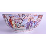 A LARGE 18TH CENTURY CHINESE EXPORT FAMILLE ROSE BOWL Qianlong, painted with immortals etc. 23 cm x