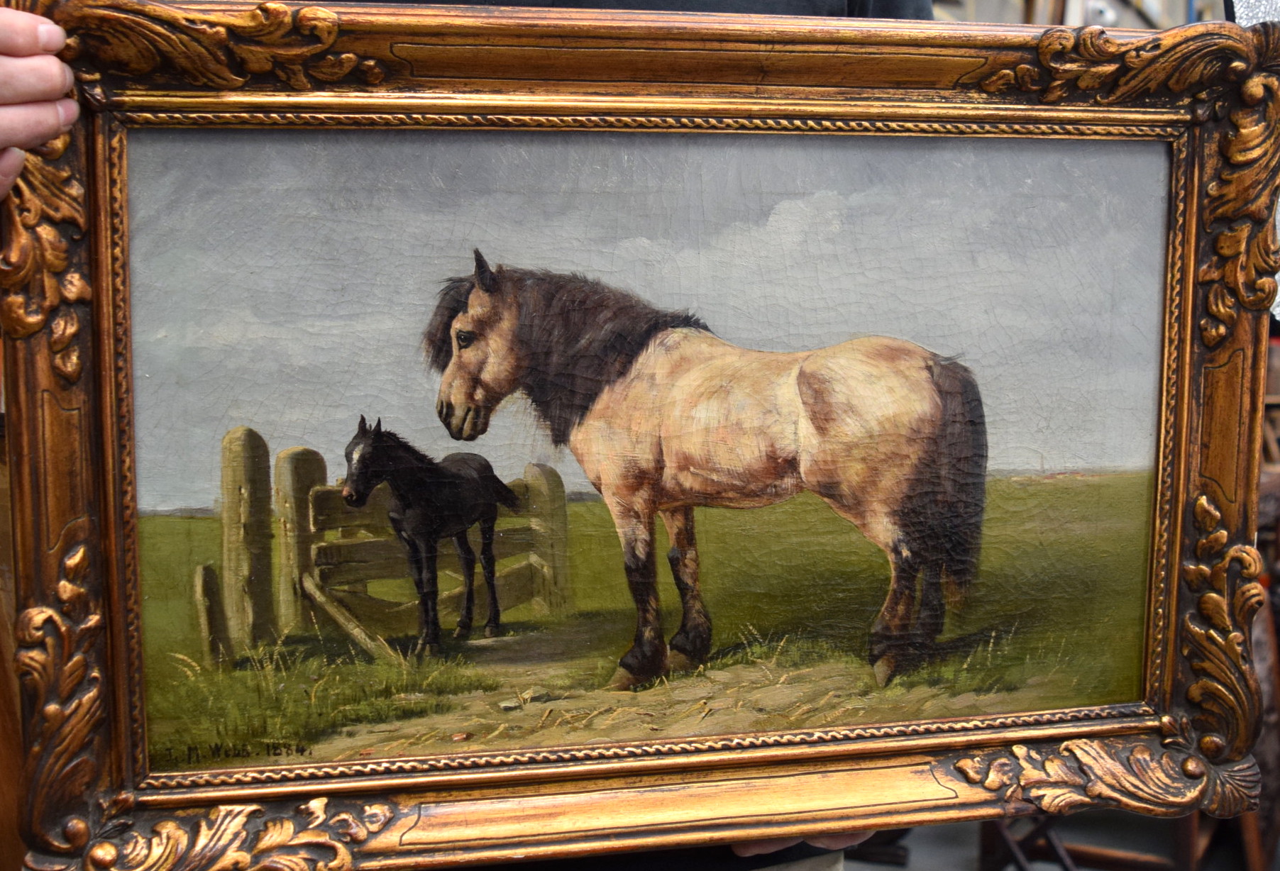 L M WEBB (British) FRAMED OIL ON CANVAS, signed & dated 1884, a standing horse with foal. 30.5 cm x - Image 2 of 4