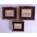 A SET OF THREE ANTIQUE CARVED STONE PANELS depicting rural life. Largest stone 13 cm x 11 cm. (3)