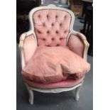 A PINK UPHOLSTERED SALON CAHIR, painted white with brass stud work, together with another chair. Sal