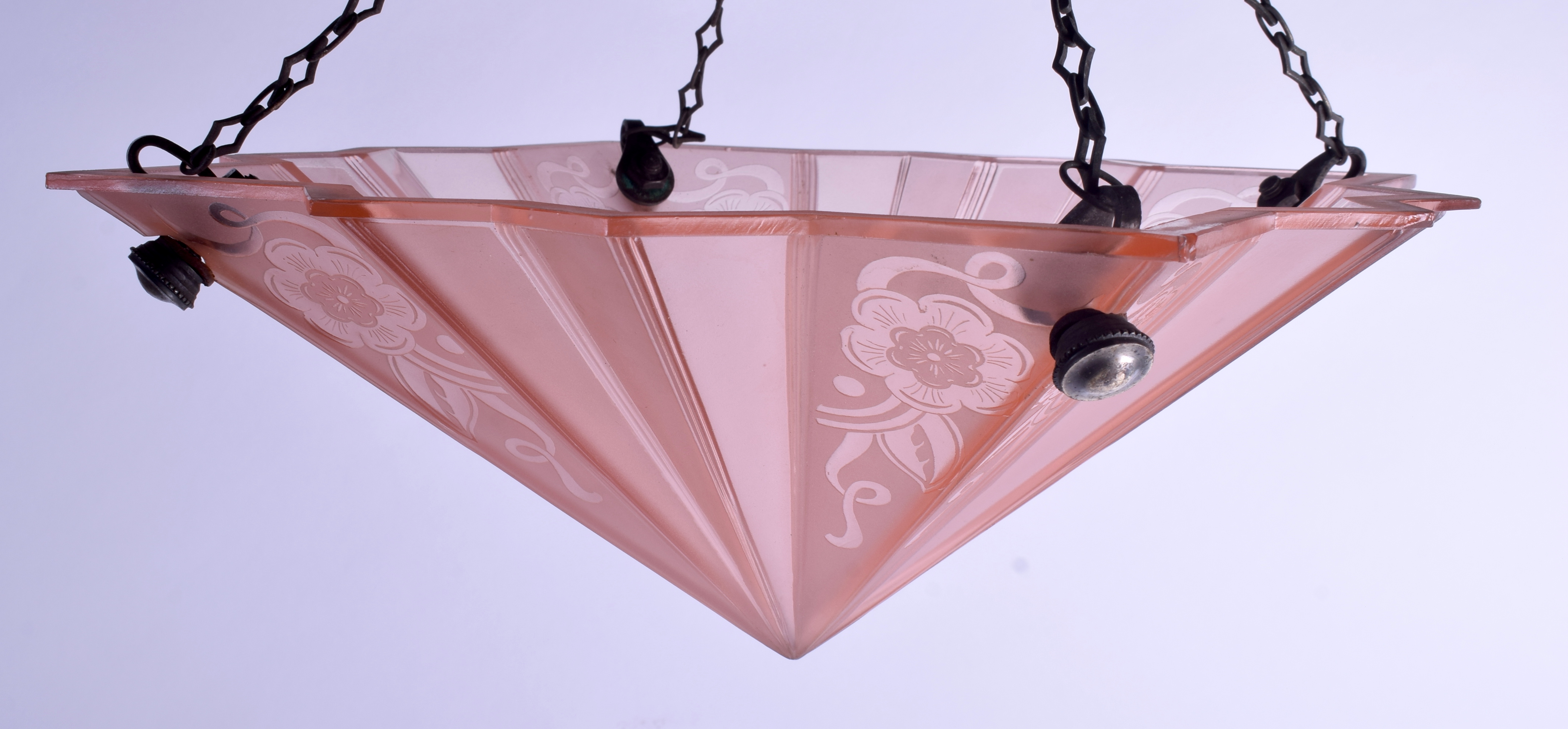A 1940S PINK GLASS HANGING PENDANT LAMP decorated with foliage. 28 cm x 28 cm.