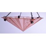 A 1940S PINK GLASS HANGING PENDANT LAMP decorated with foliage. 28 cm x 28 cm.