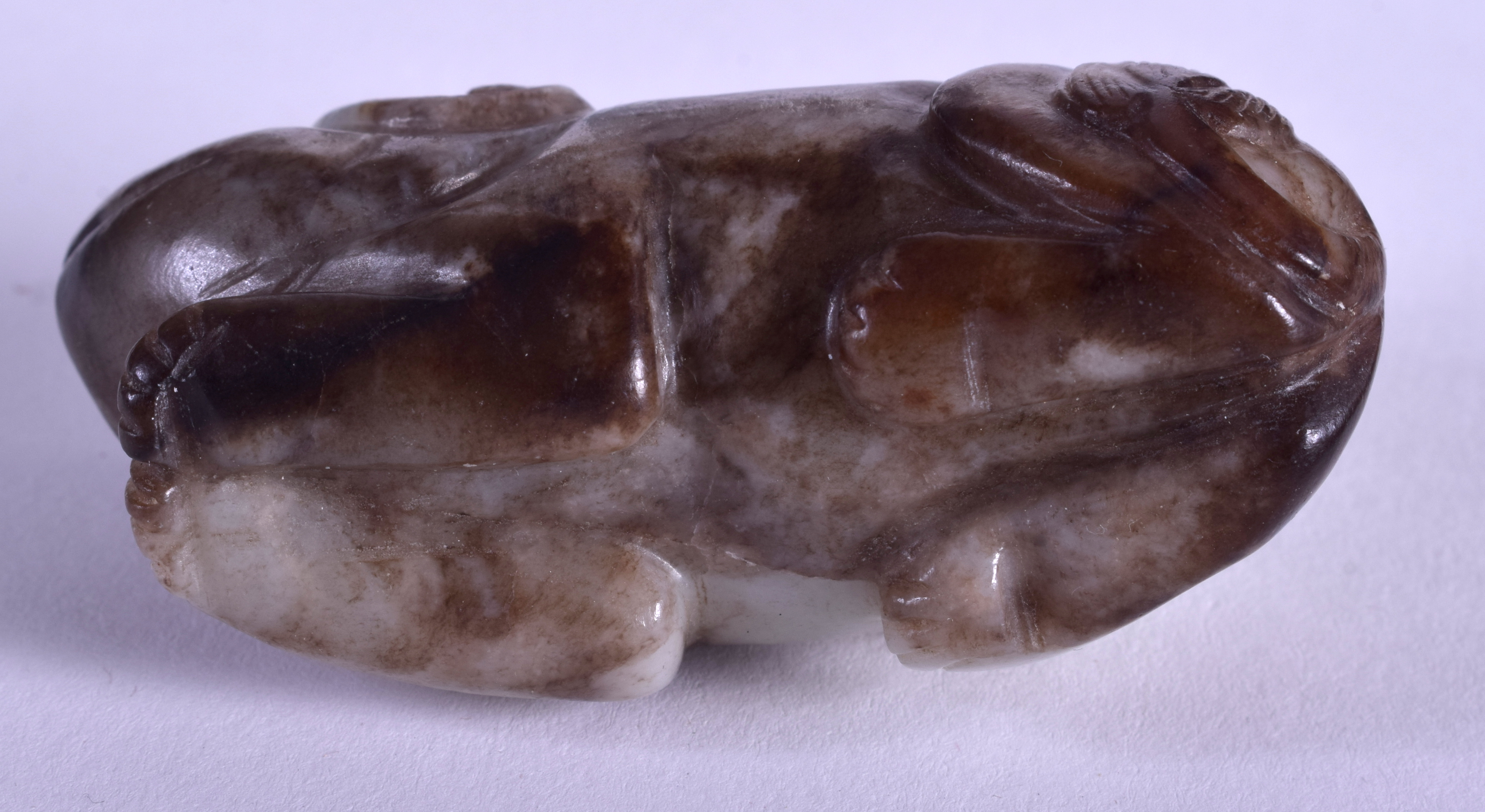 A 19TH CENTURY CHINESE CARVED MUTTON GREEN JADE BEAST modelled with two attendants on board. 6.5 cm - Image 8 of 8