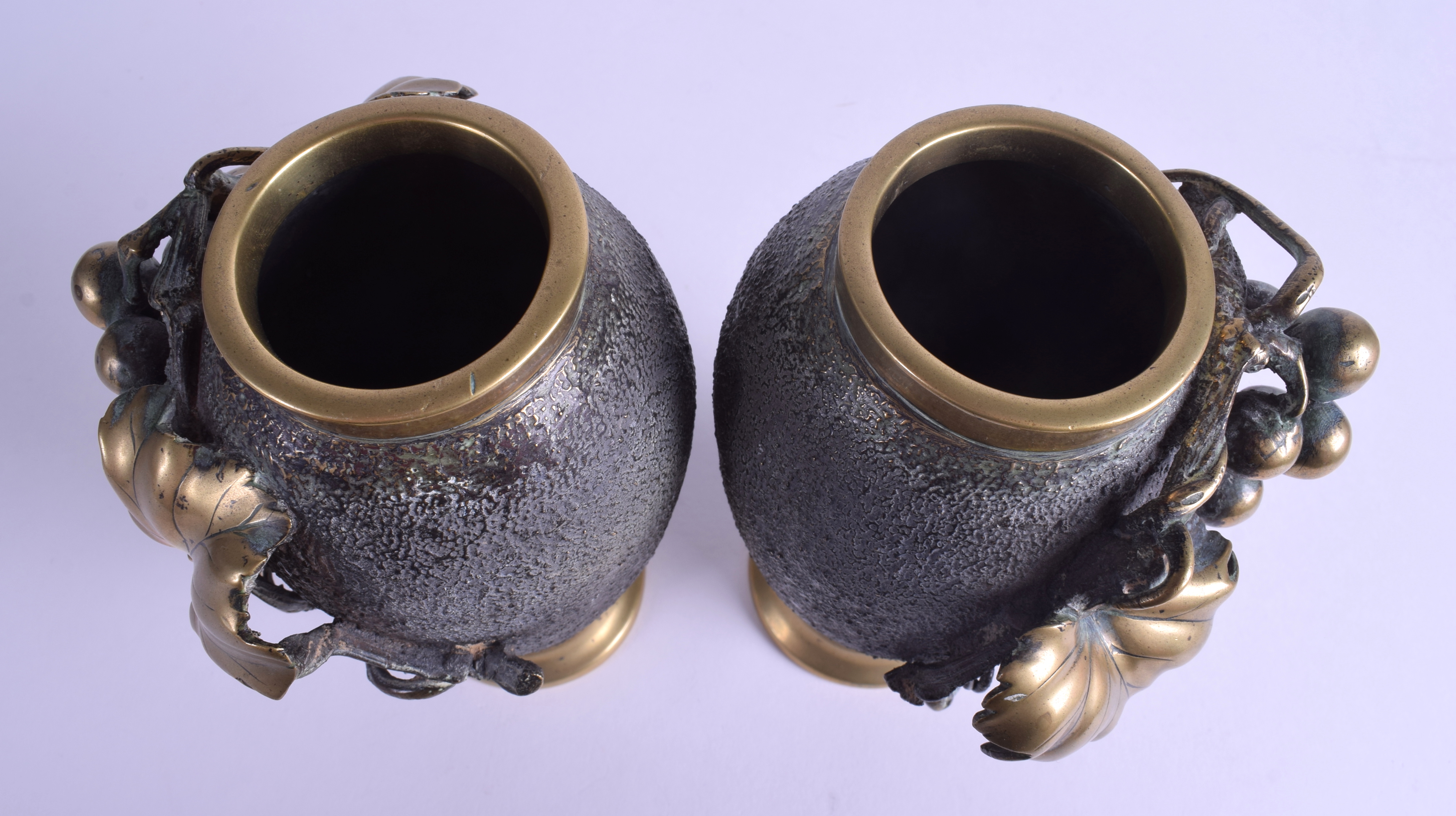 A PAIR OF 19TH CENTURY JAPANESE MEIJI PERIOD BRONZE VASES overlaid with berries and vines. 16 cm hi - Image 4 of 4