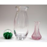 A CAITHNESS GLASS PAPERWEIGHT, together with a vase and another larger vase. Largest 21.5 cm high.