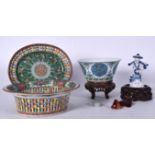 A CHINESE DOUCAI PORCELAIN BOWL BEARING QIANLONG MARKS, together with a canton basket on stand, por