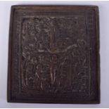 AN 18TH/19TH CENTURY CONTINENTAL BRONZE SQUARE FORM ICON possibly Greek or Russian. 10.5 cm square.