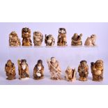 A COLLECTION OF 19TH CENTURY JAPANESE MEIJI PERIOD IVORY FIGURES Eight okimono & six netsukes. Larg