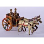 A RARE VINTAGE 1930S CONTINENTAL TIN PLATE HORSE AND CARRIAGE. 9 cm wide.