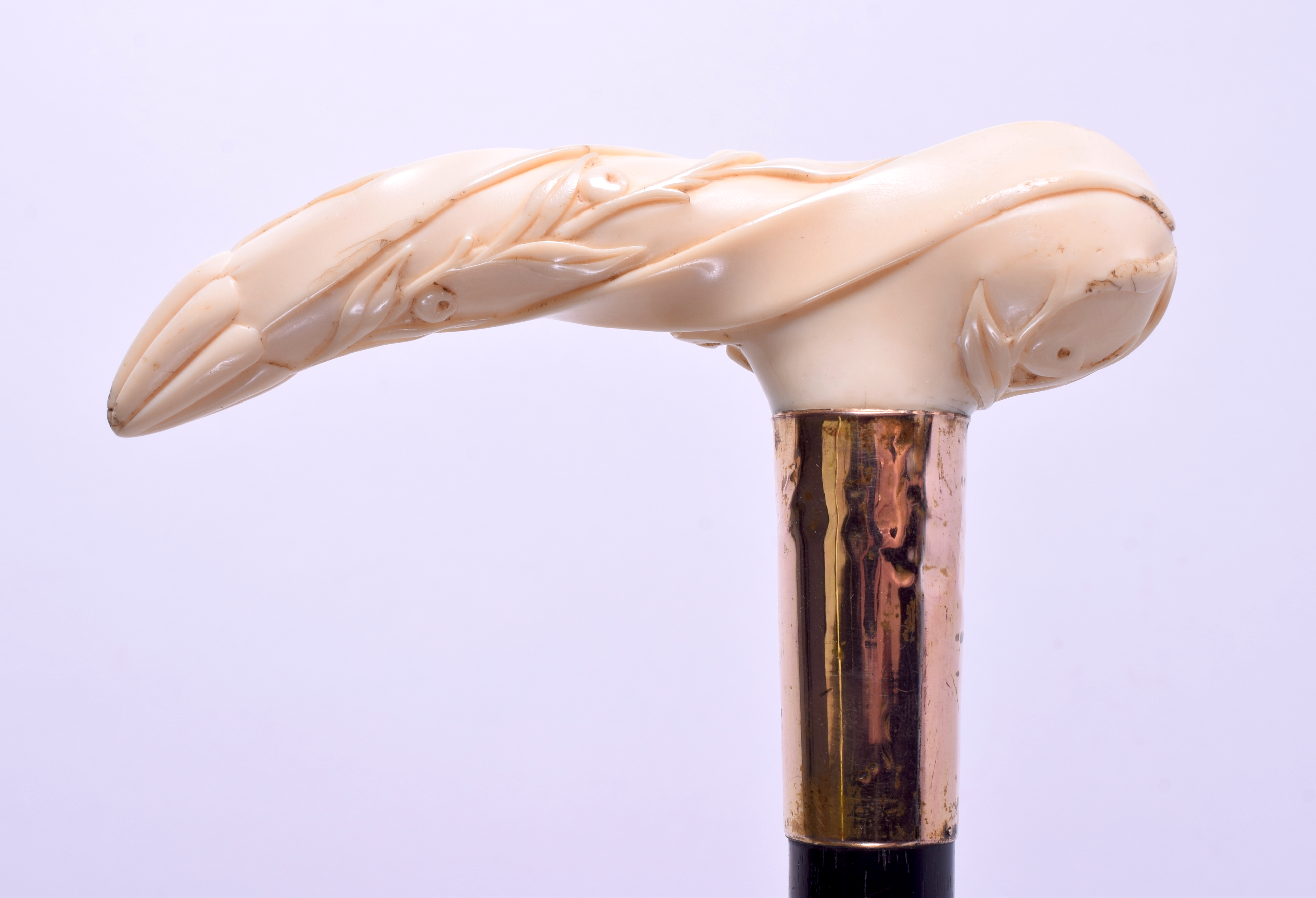 A 19TH CENTURY CARVED IVORY HANDLED WALKING CANE with yellow metal mounts. 90 cm long. - Image 2 of 4