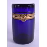 AN EARLY 19TH CENTURY BRISTOL BLUE GLASS JAR with engraved neo classical mounts. 11 cm high.