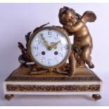 A MID 19TH CENTURY FRENCH BRONZE ORMOLU AND MARBLE MANTEL CLOCK modelled upon a rectangular base. 3
