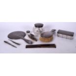 A GROUP OF SILVER HANDLED DRESSING TABLE ITEMS, brush cut glass pot etc. (qty)
