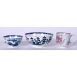 AN 18TH CENTURY LIVERPOOL BROWNLOW BOWL, together with a Chaffers tea bowl and a coffee cup. (3)