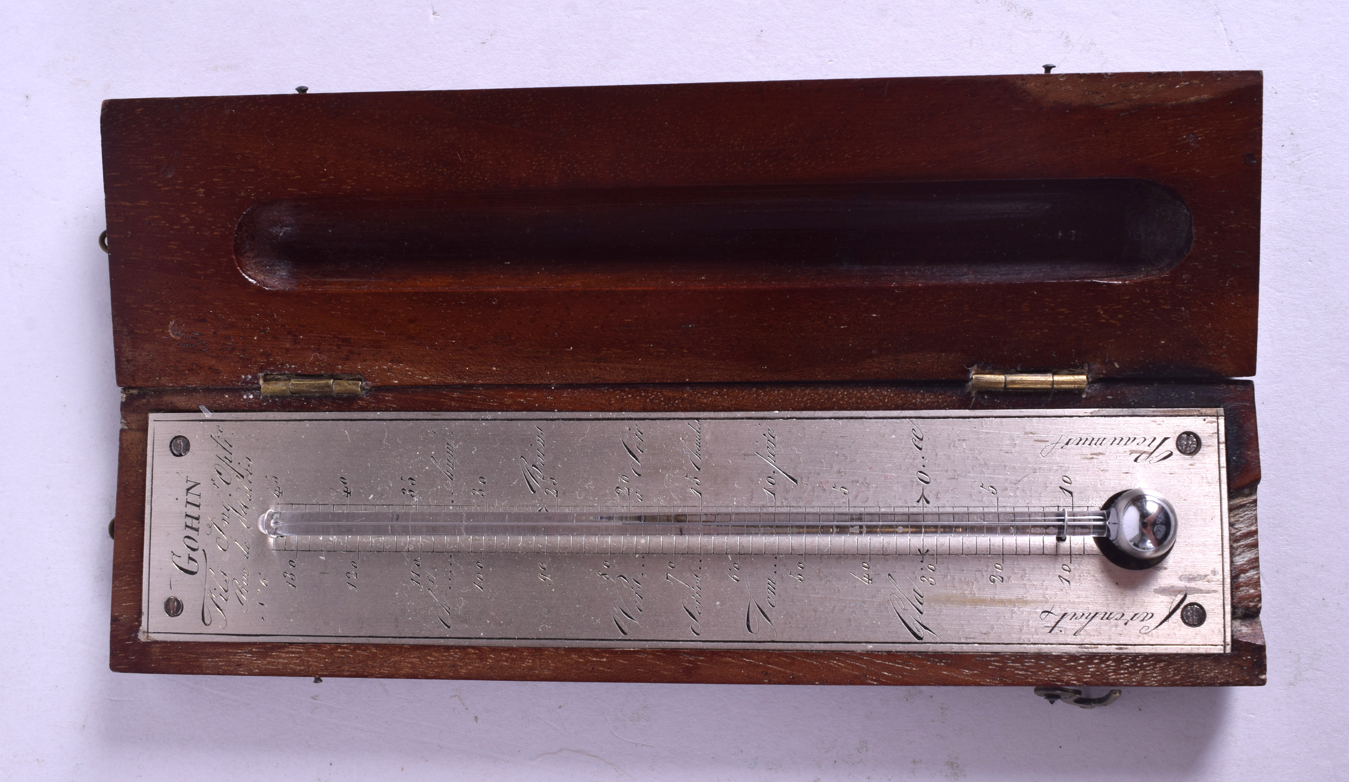 A RARE ANTIQUE GOHIN SILVERED POCKET THERMOMETER. 15 cm x 7 cm.