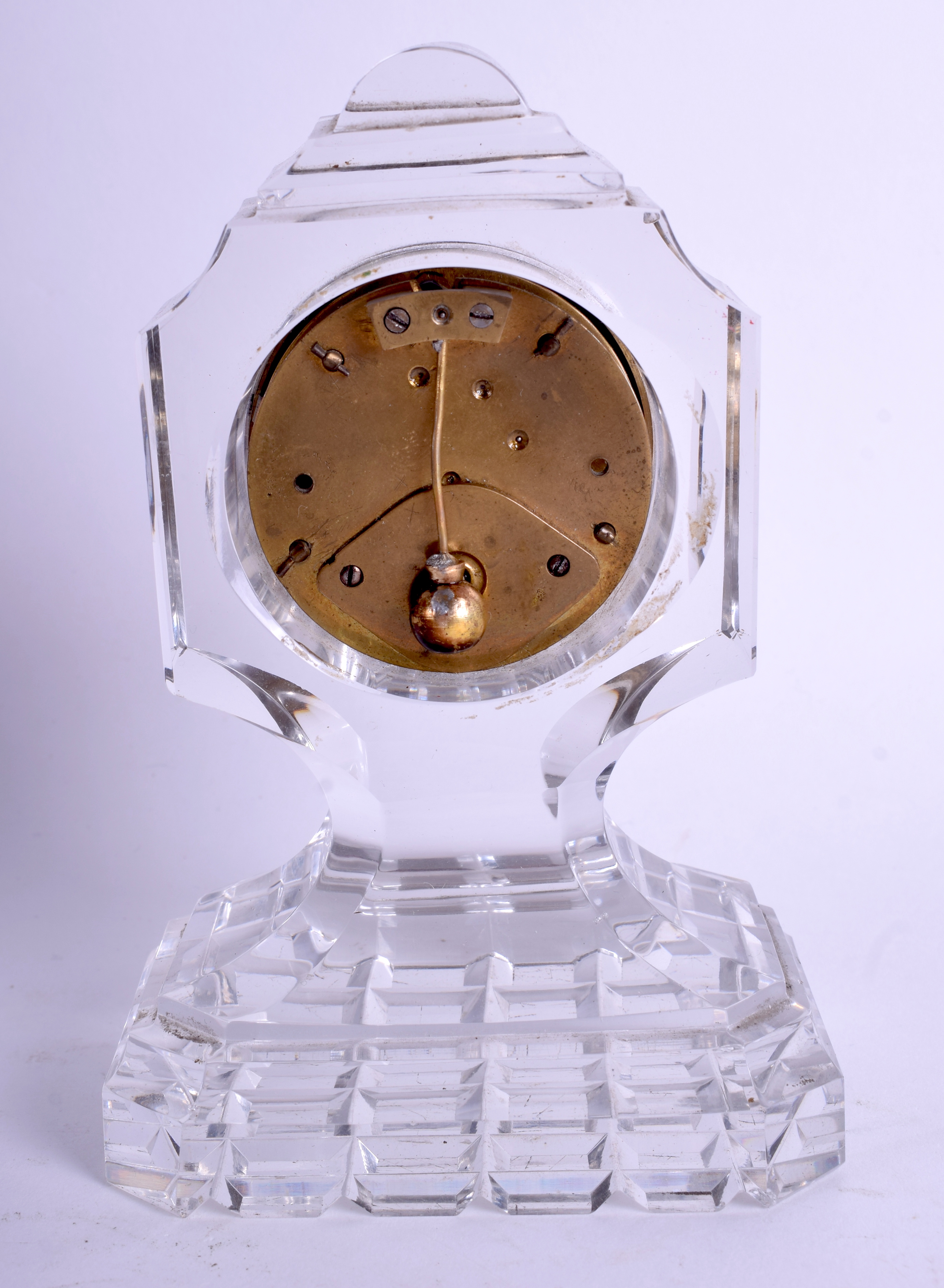A REGENCY CARVED CRYSTAL GLASS MINIATURE MANTEL CLOCK with silver mounted dial. 13 cm x 8 cm. - Image 2 of 2