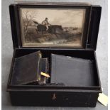 A TIN TRUNK CONTAINING VARIOUS FLATWARE SETS, together with a print. (qty)
