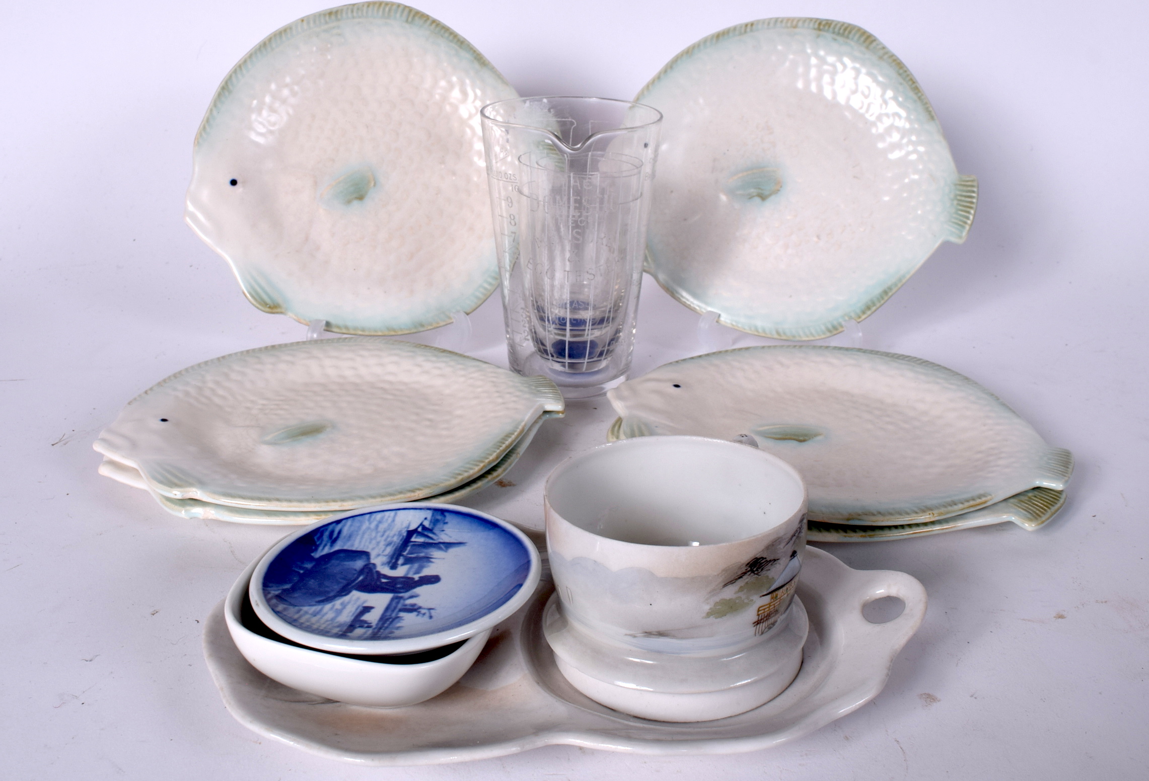 A SET OF SIX SHORTER & SON'S FISH SHAPED POTTERY PLATES, together assorted porcelain and glass. (qt