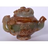 CHINESE MUTTON JADE TEA POT, carved with greek key banding and mythical beasts. 12 cm wide.x